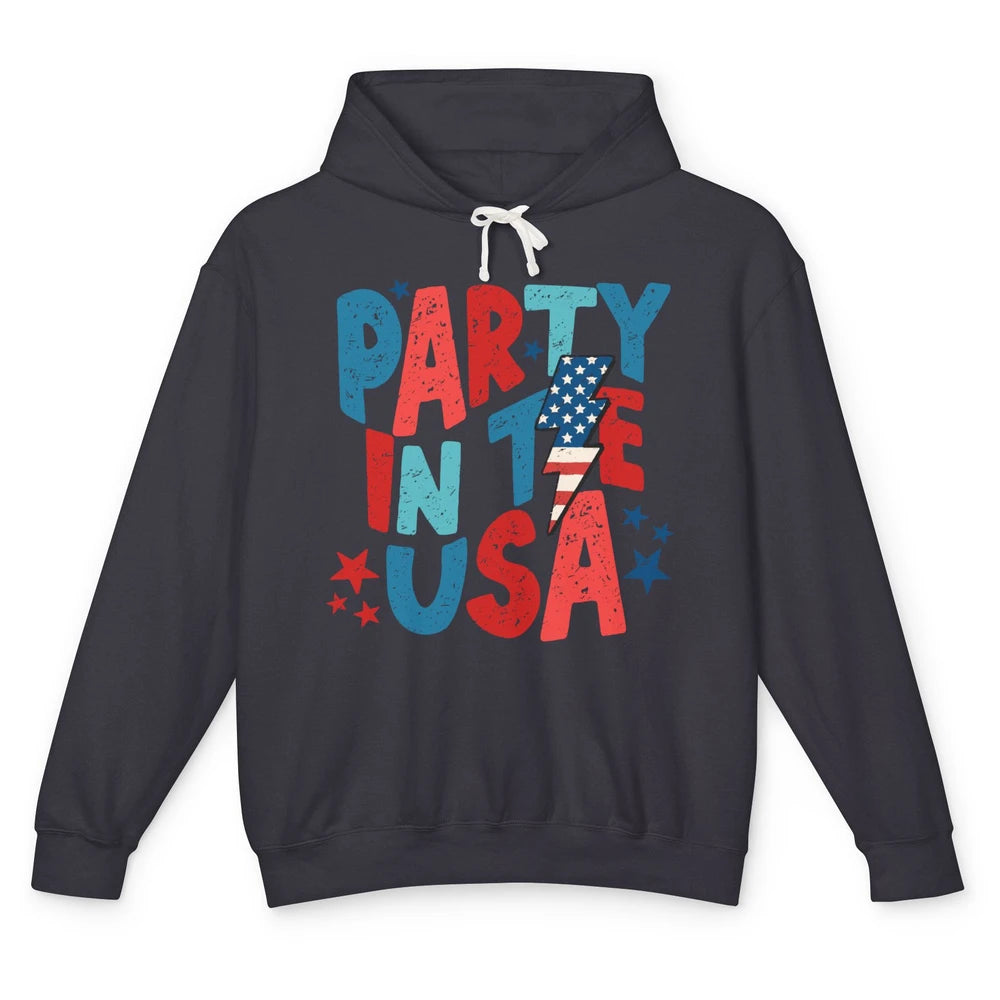 Party In The USA US Flag Lightning Bolt July 4th US Patriot Unisex Lightweight Hoodie