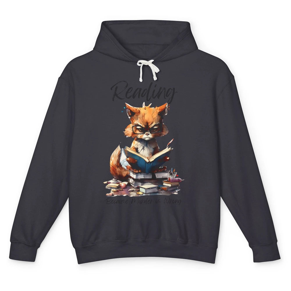 Retro Funny Cat Reading Because Murder Is Wrong Booknerd Unisex Lightweight Hoodie