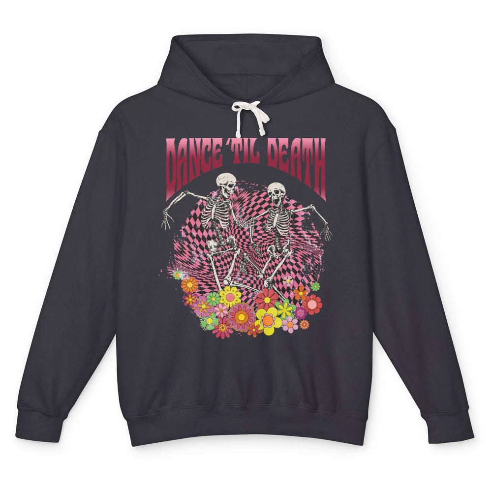 Retro Dancing Skeletons Dance Til Death Groovy Daisy Floral Unisex Lightweight Hoodie