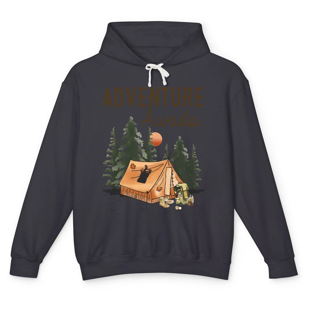 Retro Camping Tent Mountain Sunset Adventure Awaits Campers Unisex Lightweight Hoodie