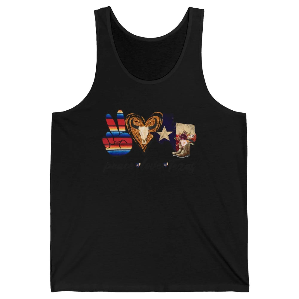 Retro Peace Love Texas Cowboy Boots Western Country Cowgirl Unisex Jersey Tank
