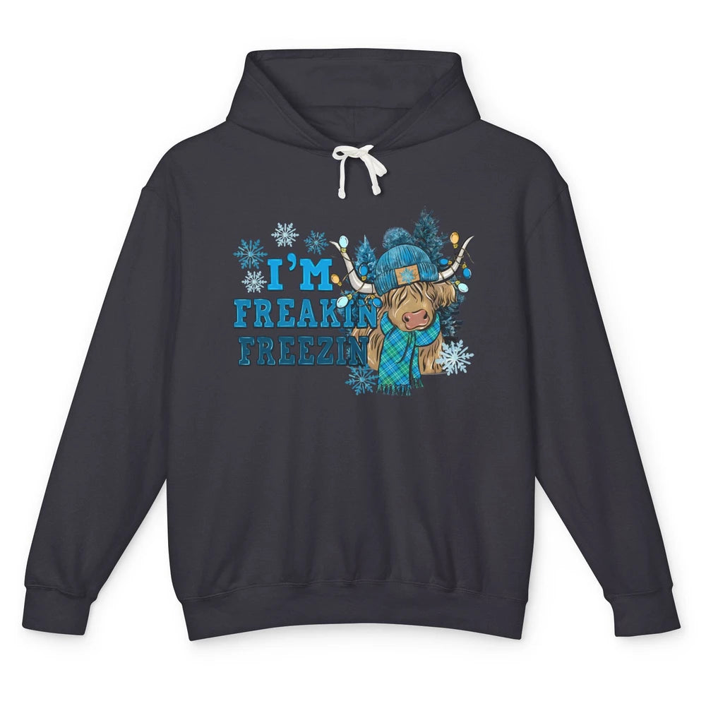 Funny Christmas Highland Cow I'm Freaking Freezing Western Unisex Lightweight Hoodie