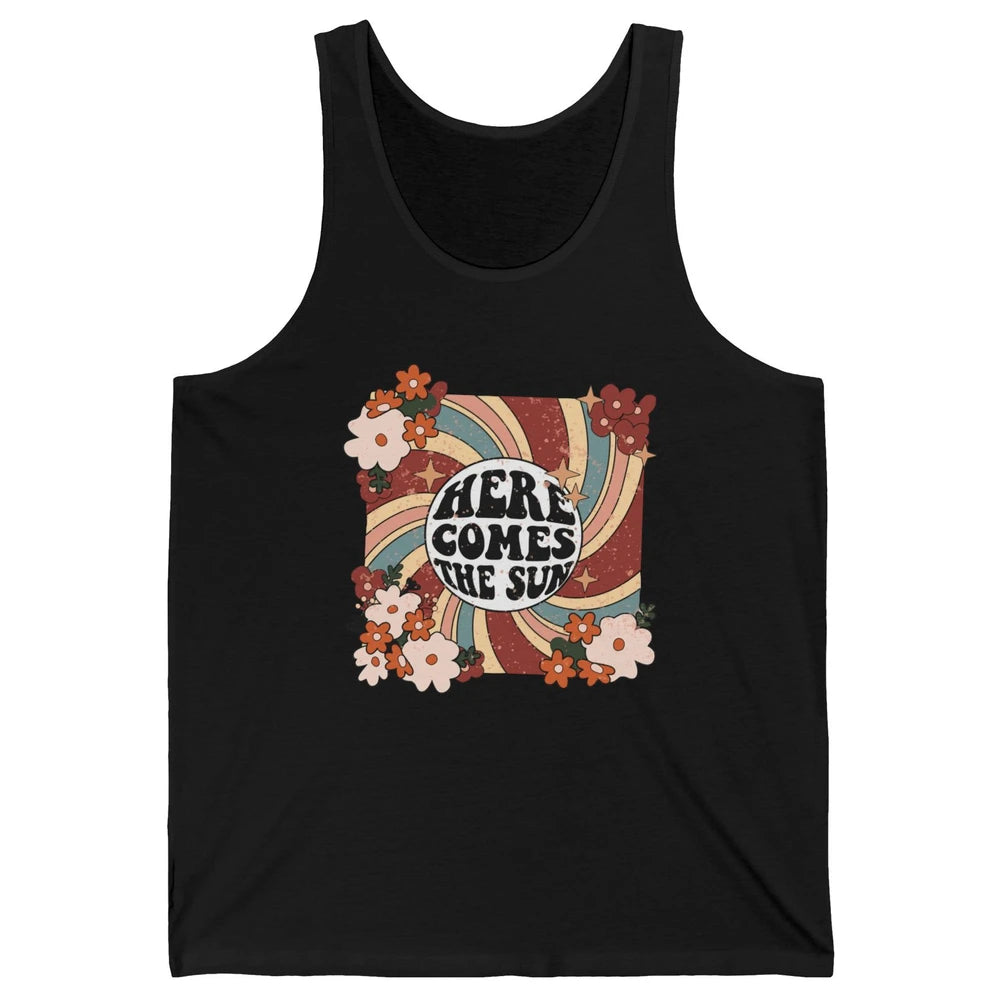 Retro Rainbow Sunrise Here Come The Sun Hippie Inspirational Unisex Jersey Tank