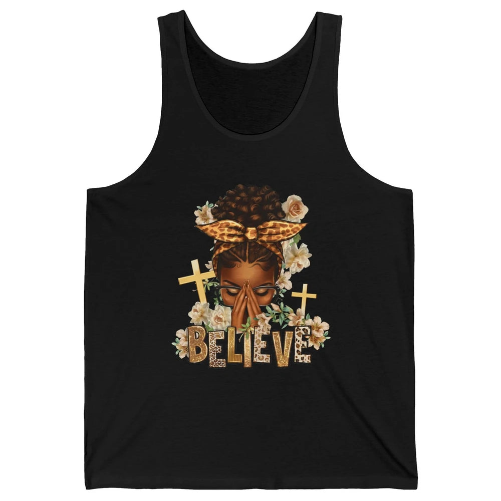 Floral Leopard Afro Messy Bun Believe Christian Religious Unisex Jersey Tank