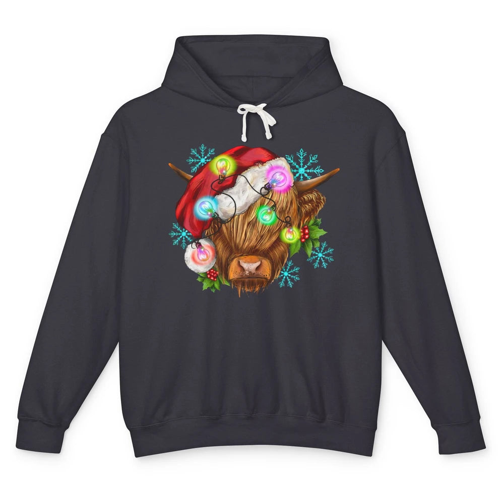 Christmas Highland Cow Xmas Light Western Christmas Cow Unisex Lightweight Hoodie