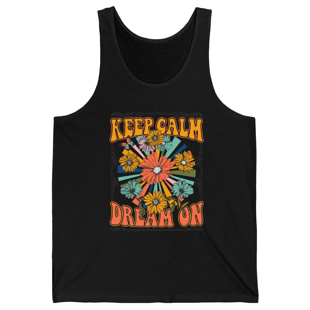 Retro Floral Rainbow Keep Calm Dream On Peace Hippie Girl Unisex Jersey Tank