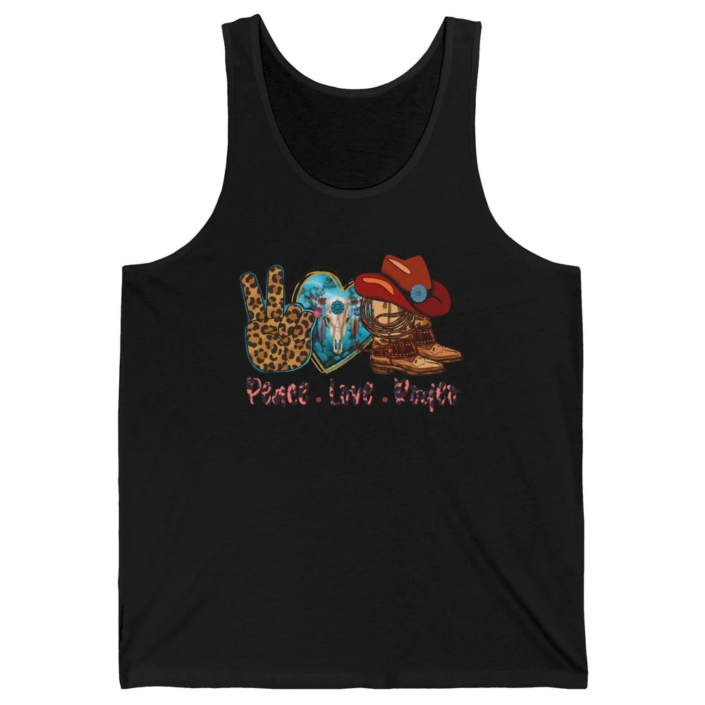 Retro Peace Love Rodeo Cowboy Boots And Hat Western Country Unisex Jersey Tank