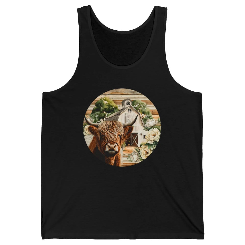 Retro Farm Highland Cow Barn House Western Country Farmer Unisex Jersey Tank