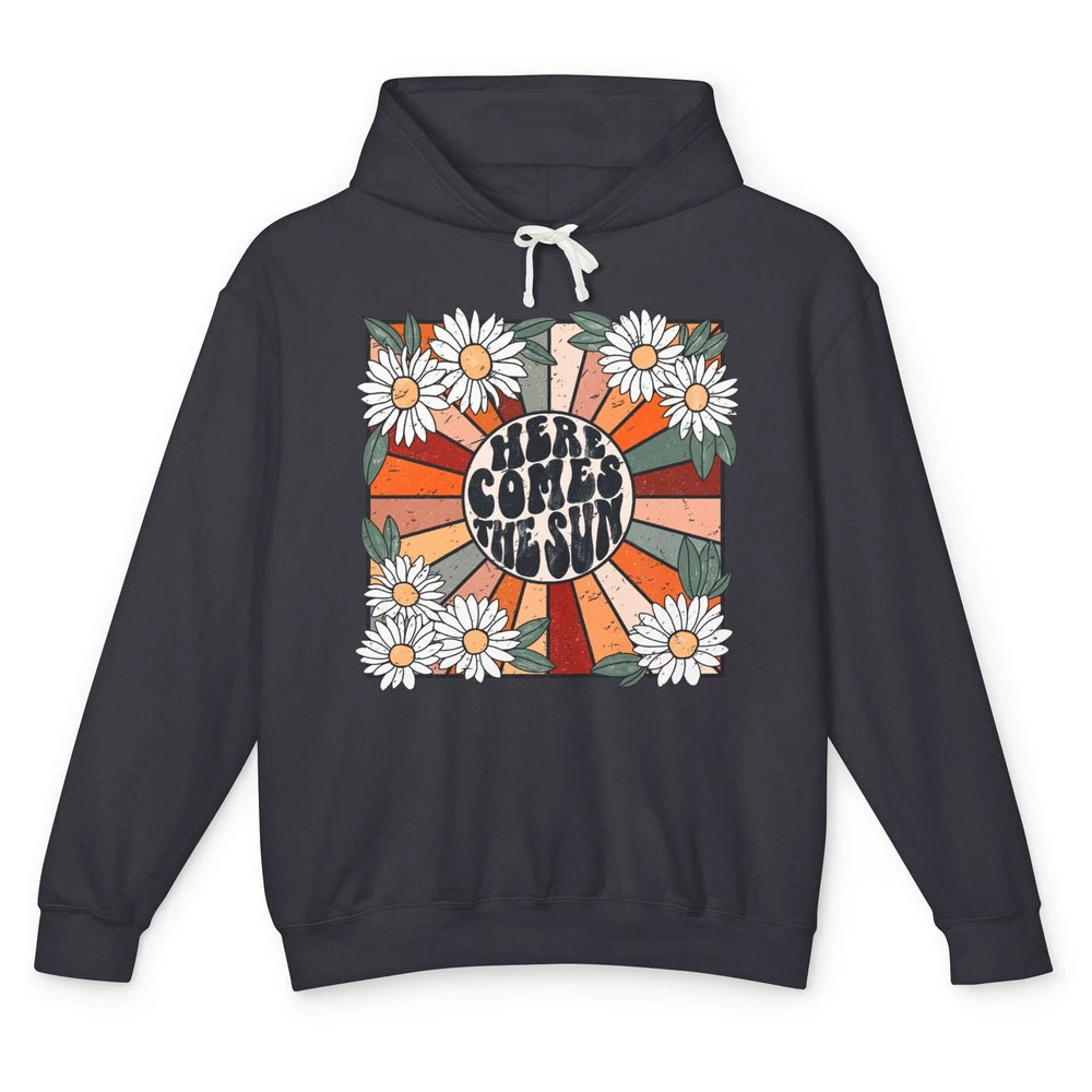 Retro Daisy Rainbow Sunrise Here Comes The Sun Hippie Girl Unisex Lightweight Hoodie