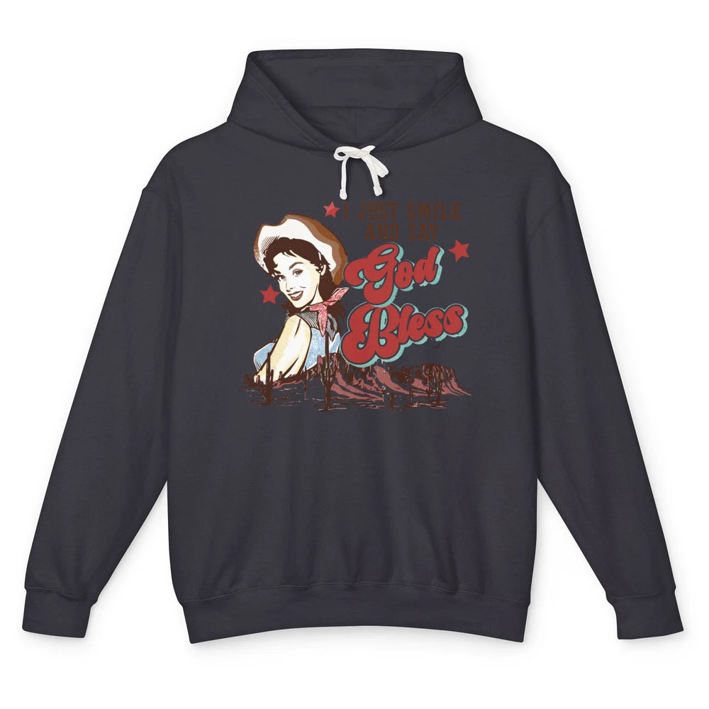 Retro Cowgirl Just Smile And Say God Bless Western Desert Unisex Lightweight Hoodie