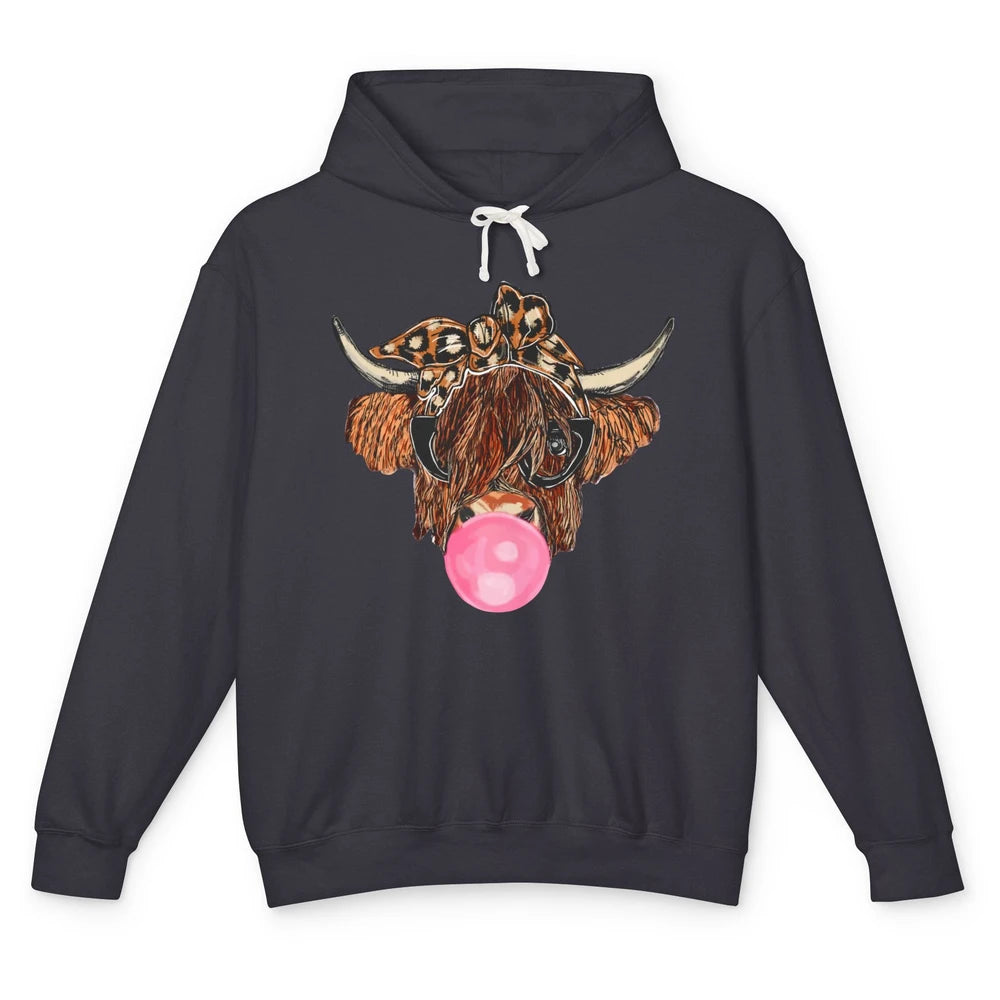 Highland Cow Leopard Bandana Glasses Bubble Gum Western Gift Unisex Lightweight Hoodie