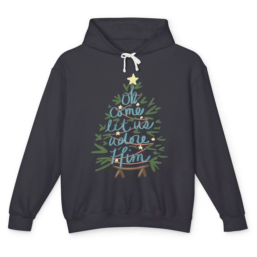 Oh Come Let Us Adore Him Groovy Christmas Tree Church Xmas Unisex Lightweight Hoodie