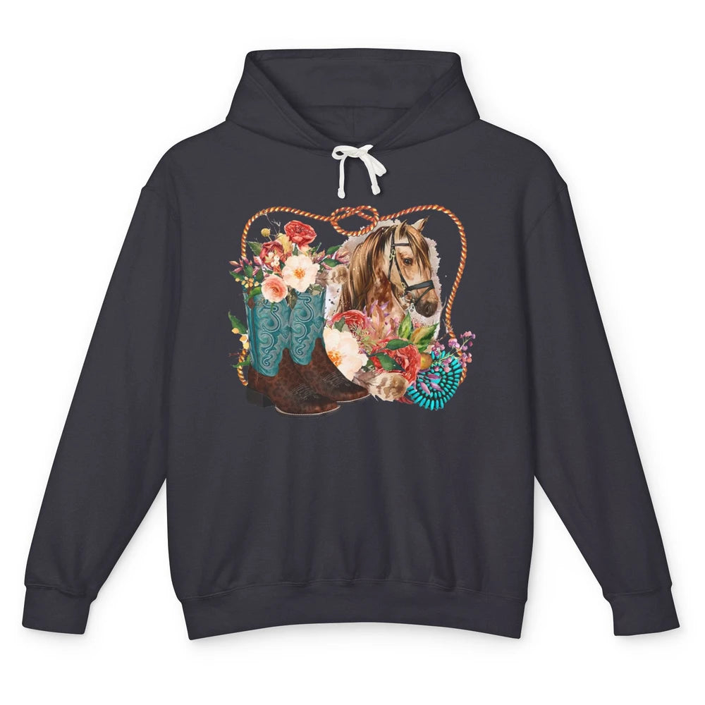 Retro Floral Cowboy Boots And Horse Western Country Cowgirl Unisex Lightweight Hoodie