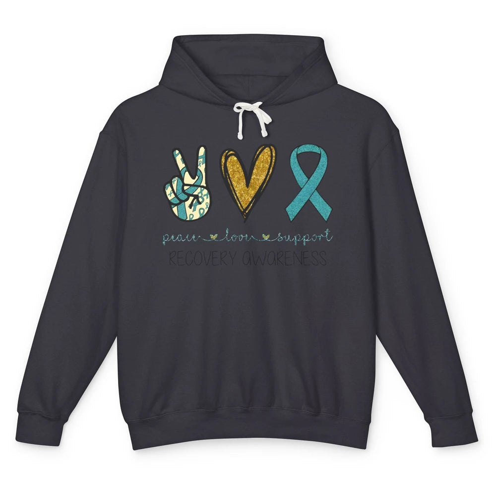 Peace Love Support Addiction Recovery Awareness Blue Ribbon Unisex Lightweight Hoodie