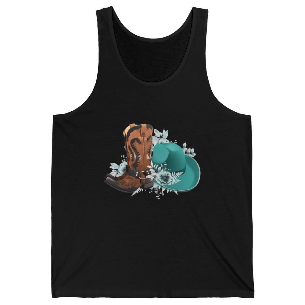 Retro Cowgirl Floral Turquoise Cowboy Boots Rodeo Western Unisex Jersey Tank