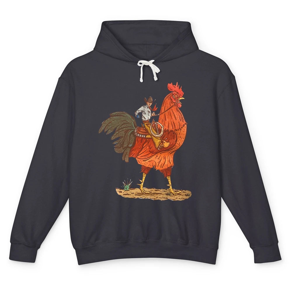 Retro Cowboy Riding Rooster Funny Western Country Cowboy Unisex Lightweight Hoodie