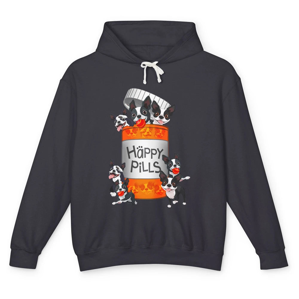 Funny Boston Terrier Happy Pills Cute Dog Pet Positive Vibe Unisex Lightweight Hoodie