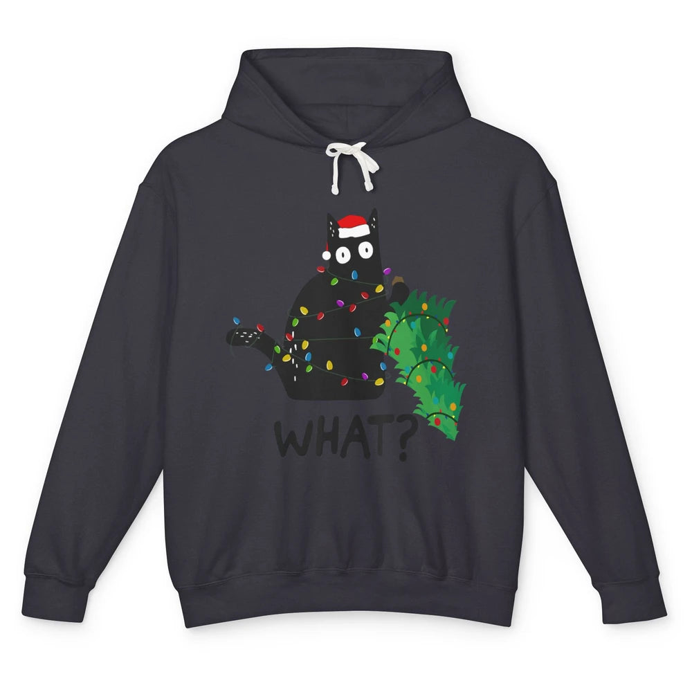 Black Cat Pushing Christmas Tree What Xmas Lights Santa Hat Unisex Lightweight Hoodie
