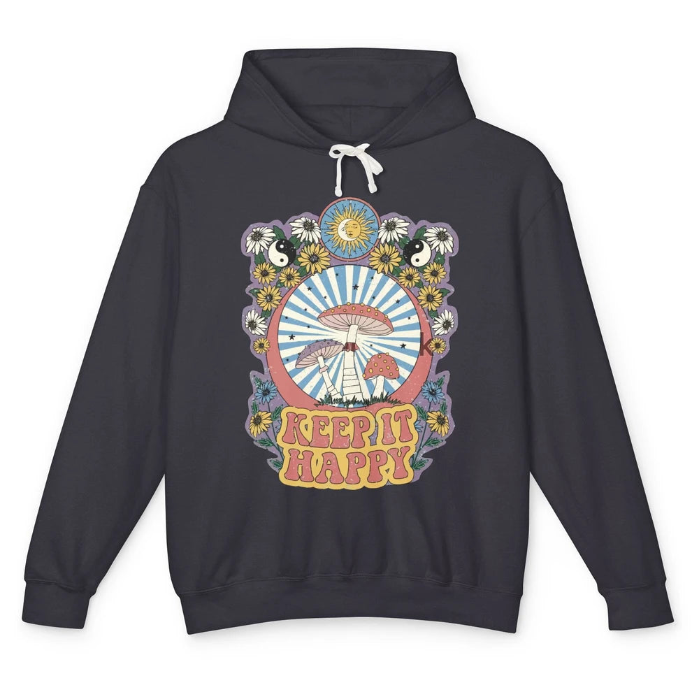 Retro Groovy Keep It Happy Mushroom Daisy Sun Positive Mind Unisex Lightweight Hoodie