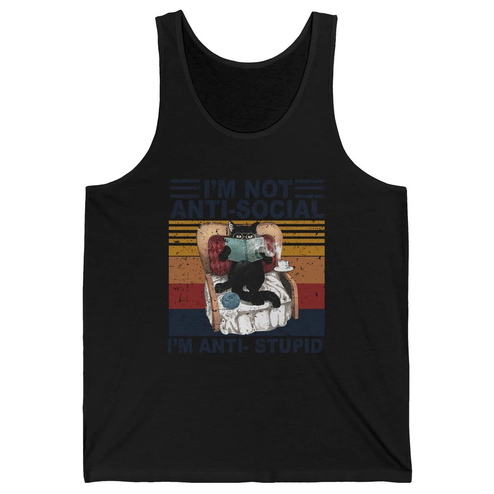 Retro Cat Reading I'm Not Anti-Social I'm Anti-Stupid Book Unisex Jersey Tank