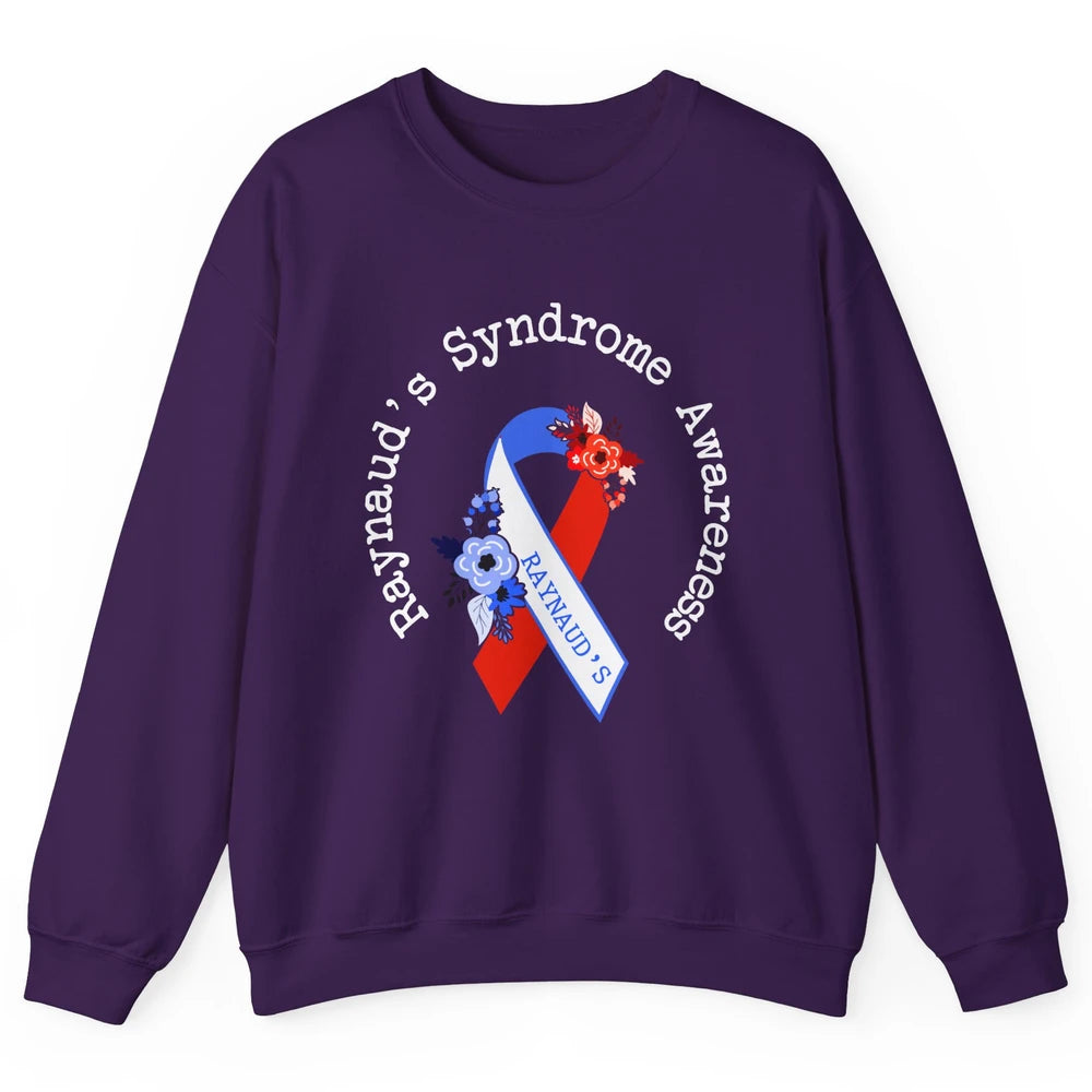 Raynaud's Syndrome Awareness Support Floral Red Blue Ribbon Unisex Crewneck Sweatshirt