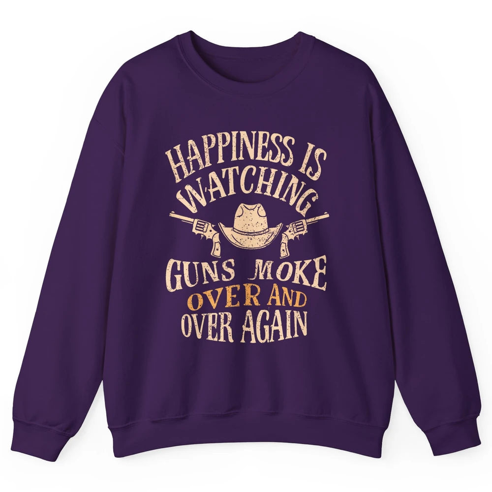 Happiness Is Watching Gunsmoke Over Retro Cowboy Hat Rodeo Howdy Western Country Unisex Crewneck Sweatshirt