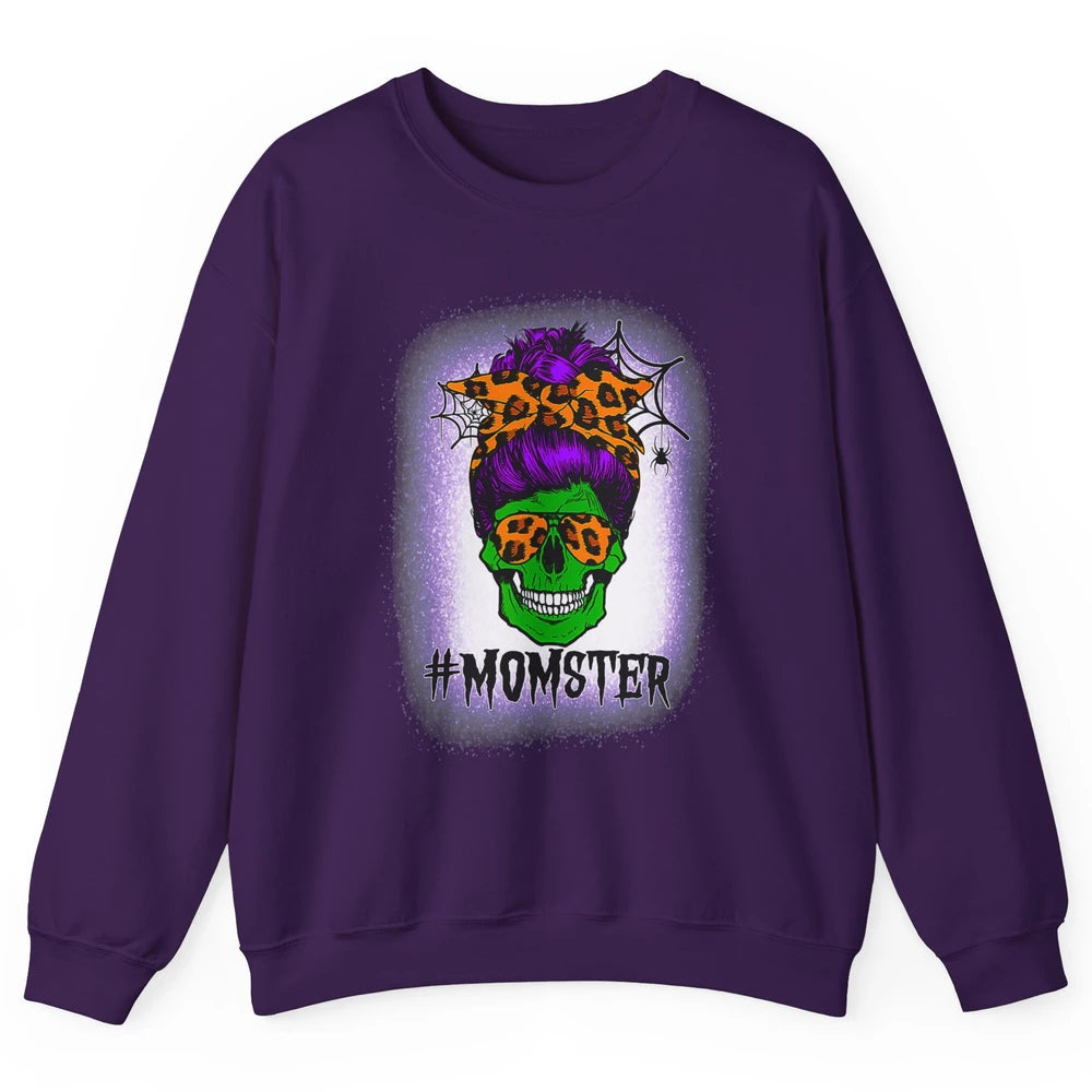 Retro Momster Messy Bun Skull Mom Halloween Spooky Mama Goth Unisex Crewneck Sweatshirt