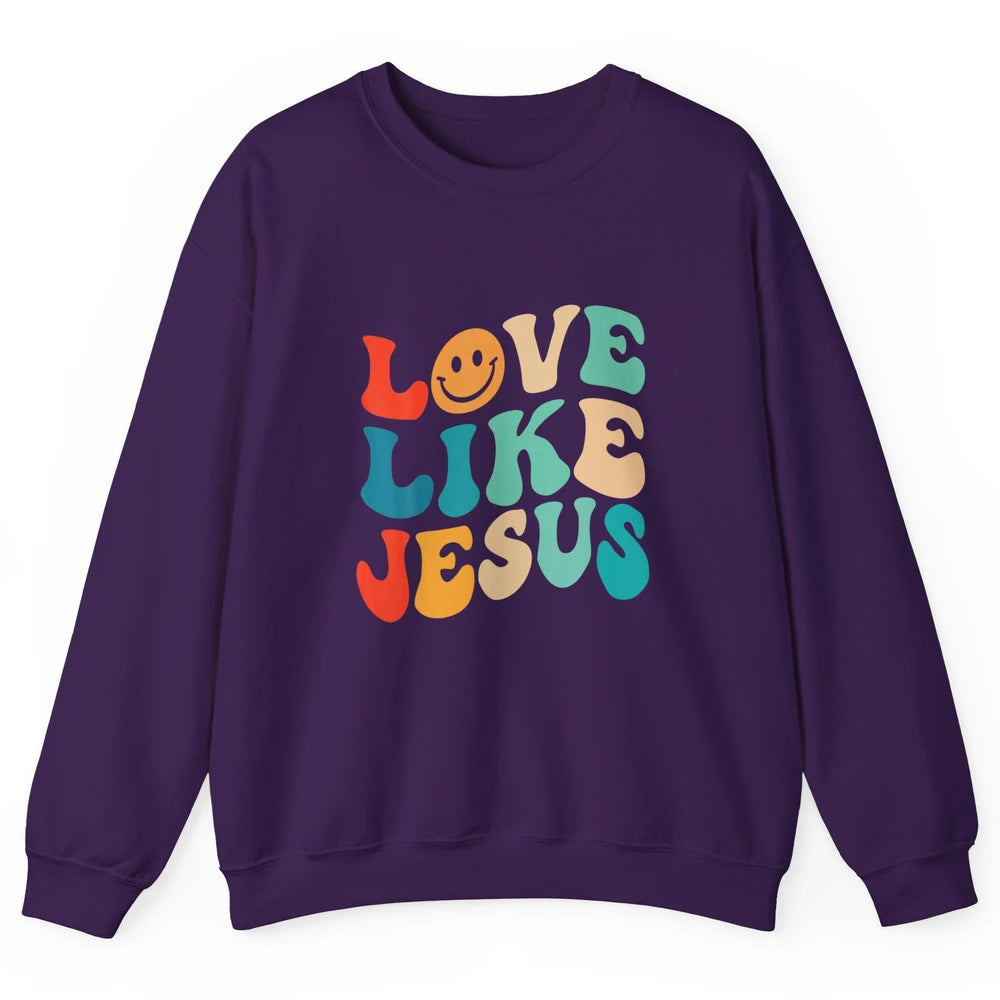 Retro Groovy Love Like Jesus Smiling Face Christ Faith God Unisex Crewneck Sweatshirt