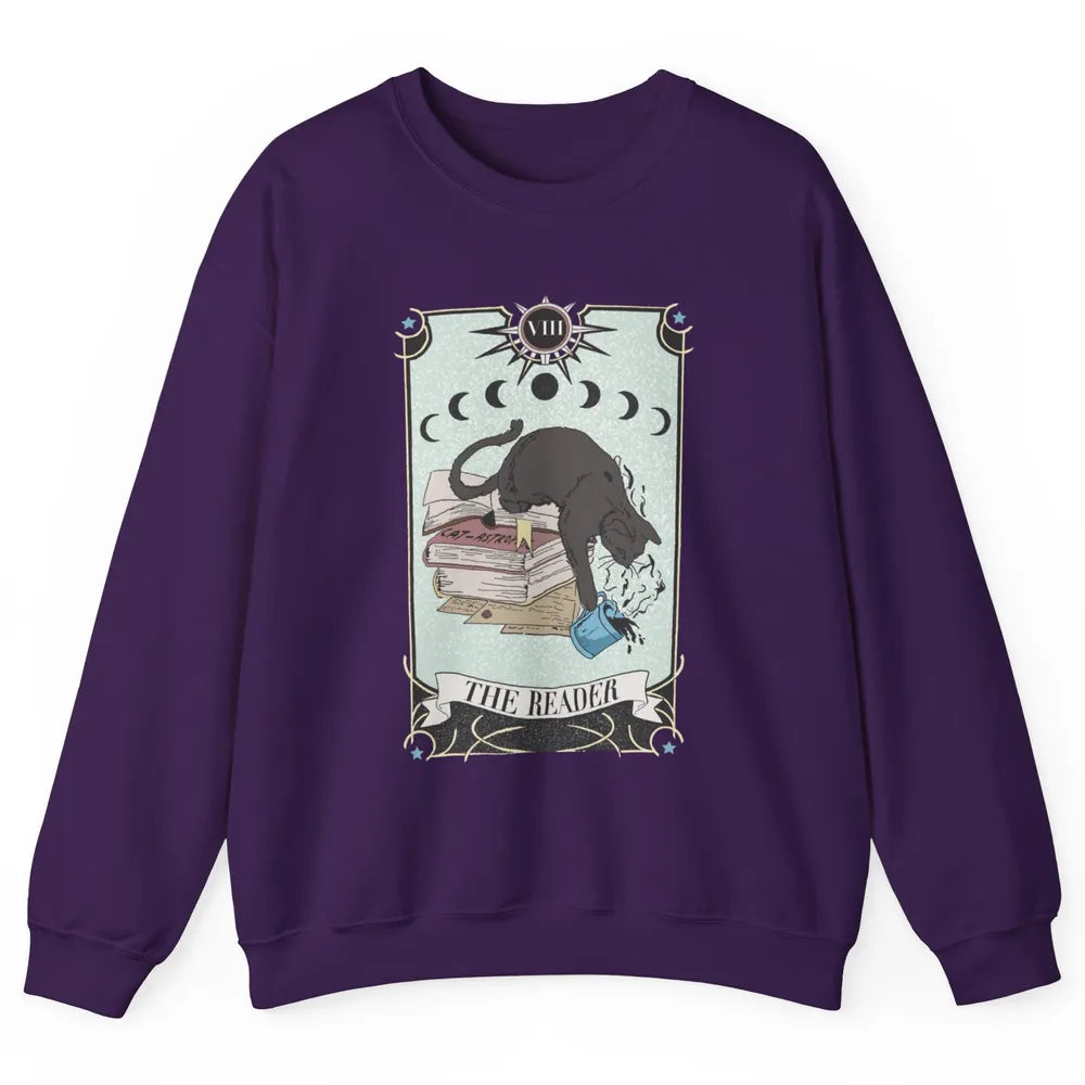 Retro Black Cat Books The Reader Tarot Card Halloween Reading Book Crescent Moon Unisex Crewneck Sweatshirt