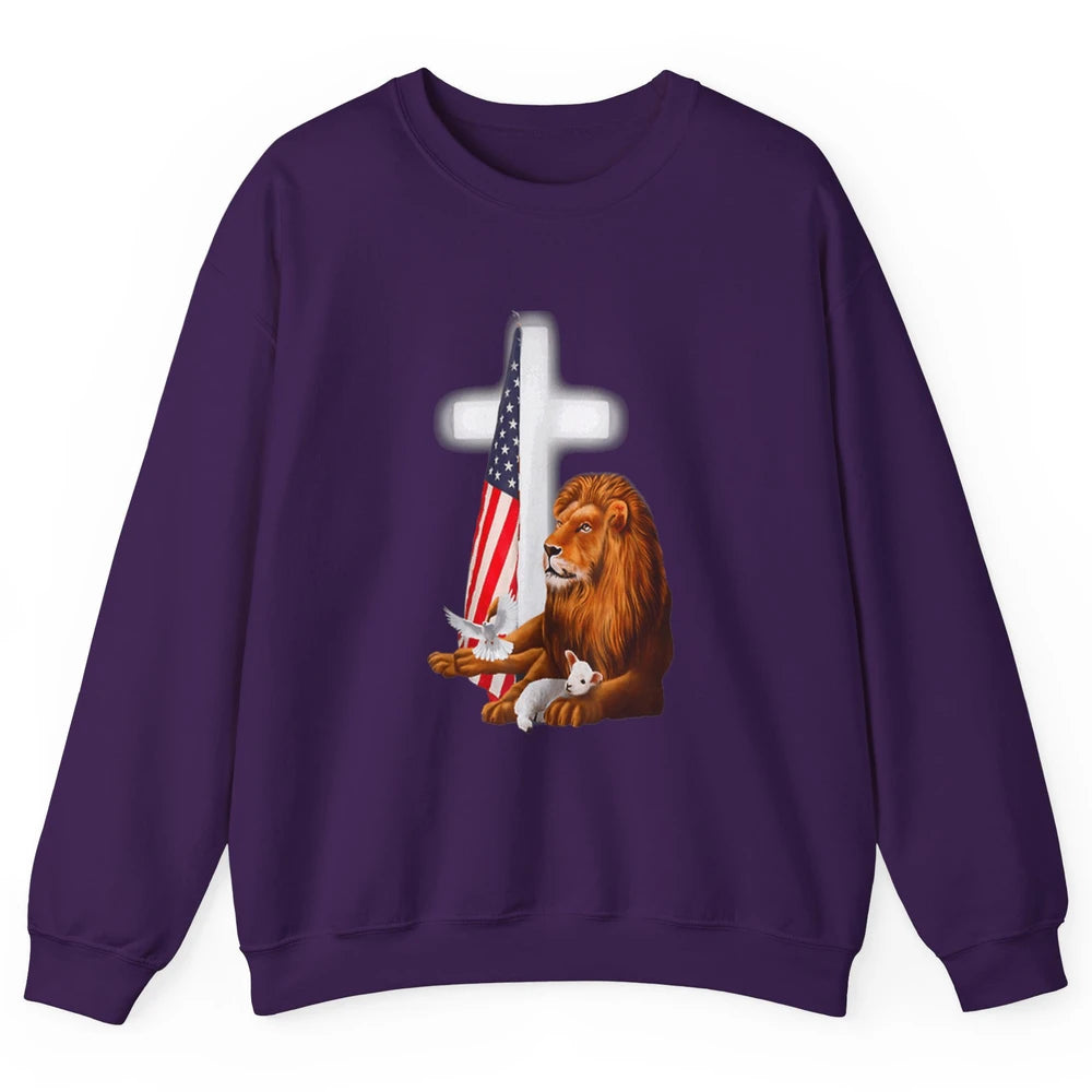 Patriotic Christian Lamb Bible Verse Lion Cross Religious Unisex Crewneck Sweatshirt