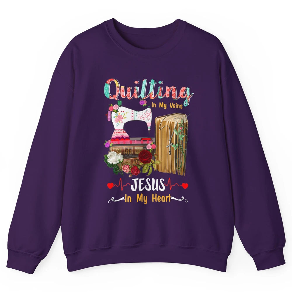 Quilting In My Veins Jesus In Heart Christian Retro Quilt Unisex Crewneck Sweatshirt