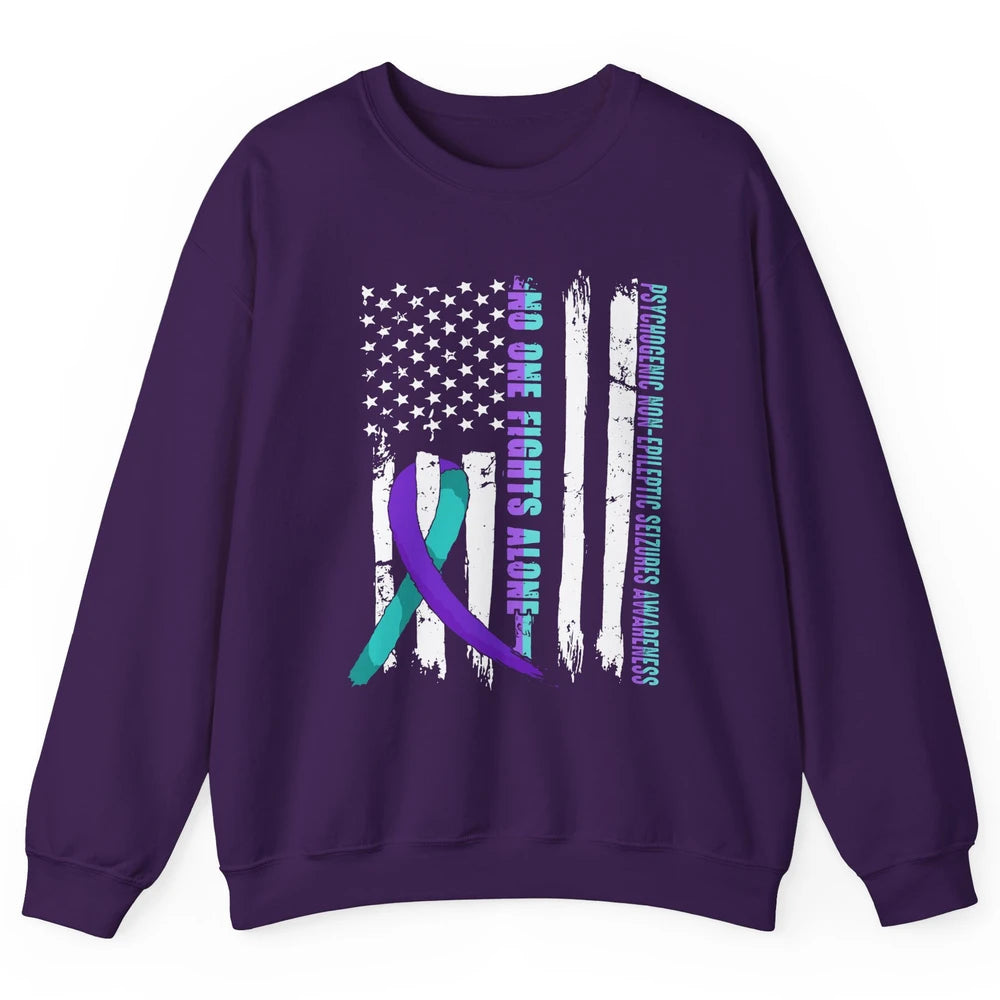 PNES Awareness Purple Teal Ribbon No One Fight Alone US Flag Unisex Crewneck Sweatshirt