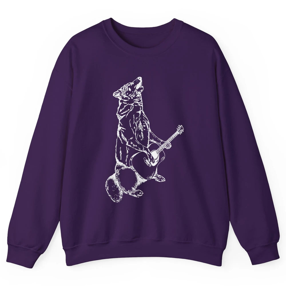 Retro Howling Wolf Playing Guitar Musician Guitarist Music Unisex Crewneck Sweatshirt