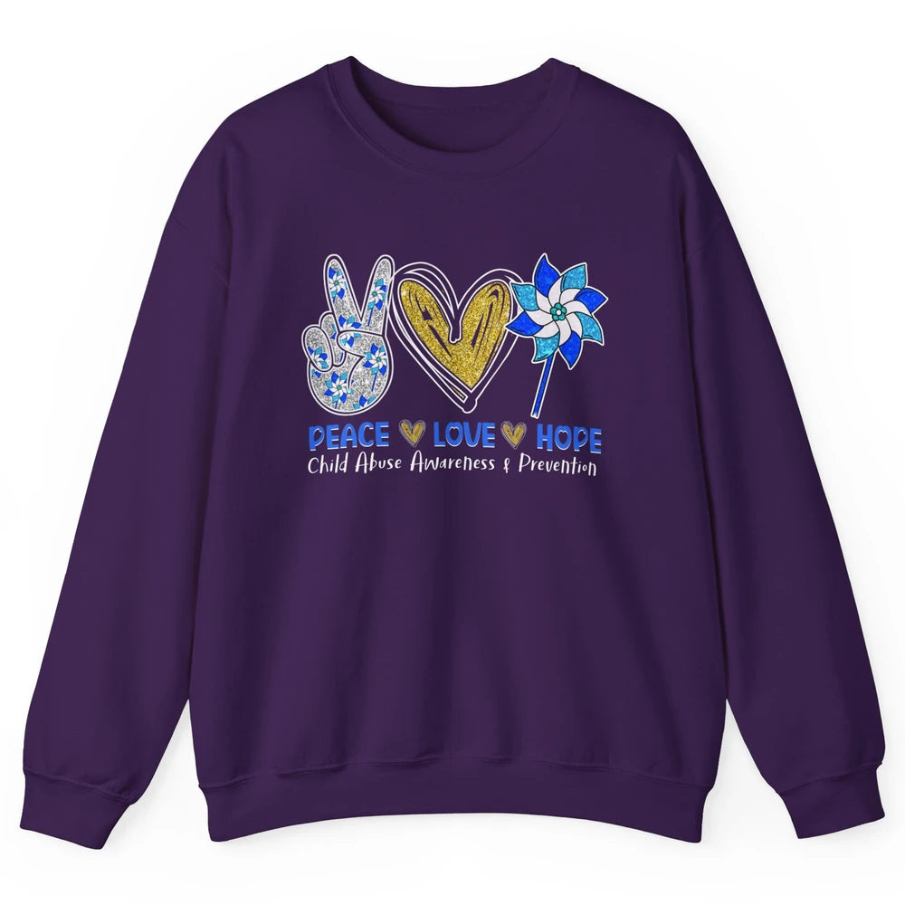 Peace Love Leopard Pinwheel Child Abuse Prevention Month Unisex Crewneck Sweatshirt