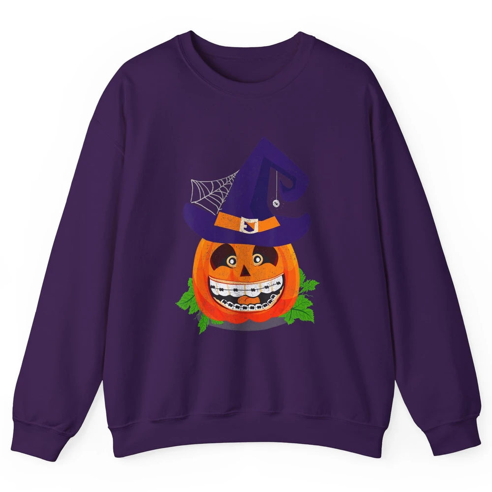 Pumpkin Witch Teeth Braces Dental Dentist Halloween Spooky Unisex Crewneck Sweatshirt