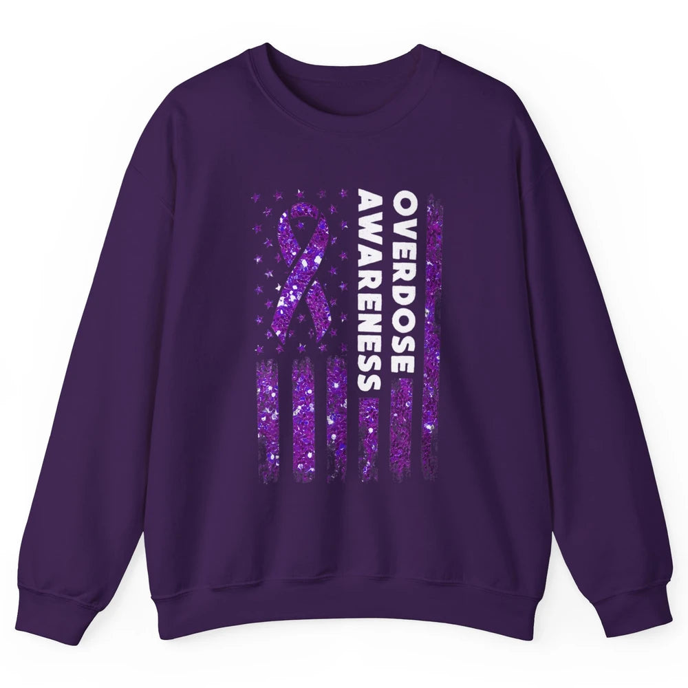 Overdose Awareness US Flag Purple Ribbon Addiction Warrior Unisex Crewneck Sweatshirt