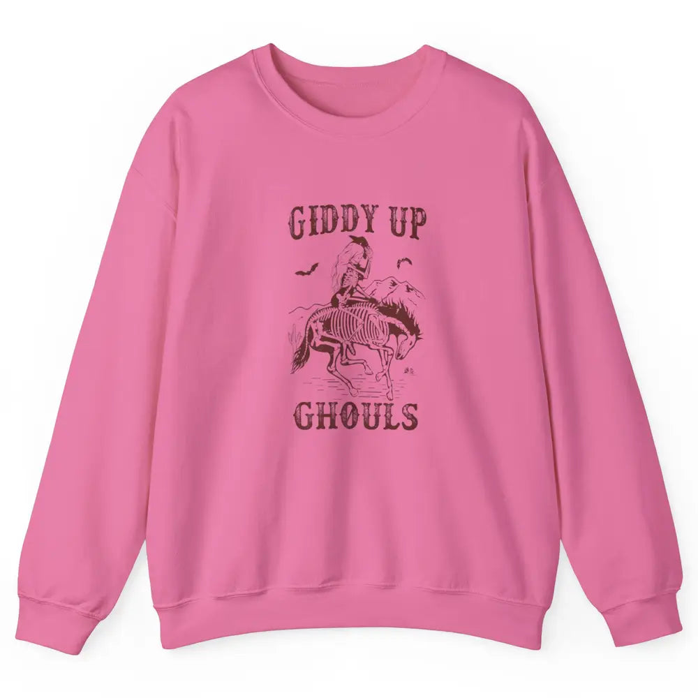 Retro Giddy Up Ghouls Skeleton Western Cowgirl Howdy Cowboy Unisex Crewneck Sweatshirt
