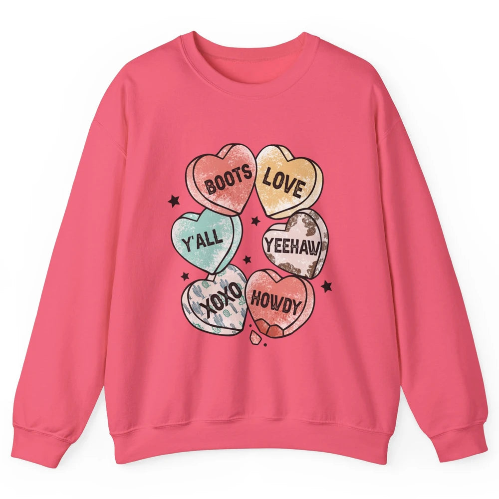 XOXO Love Cowboy Boots Howdy Cowgirl Hearts Western Country Happy Valentine's Day Yeehaw Vintage Cactus Unisex Crewneck Sweatshirt