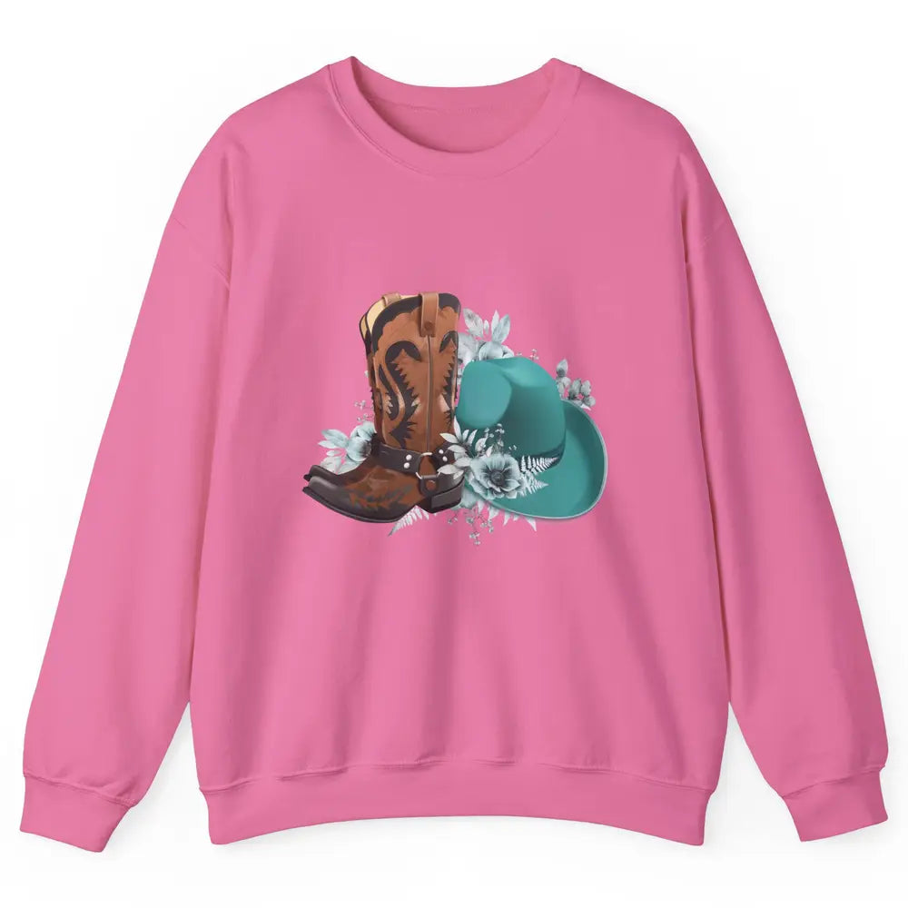 Retro Cowgirl Floral Turquoise Cowboy Boots Rodeo Western Unisex Crewneck Sweatshirt