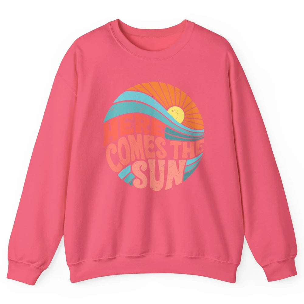 Retro Rainbow Sunrise Here Comes The Sun Hippie Girl Unisex Crewneck Sweatshirt