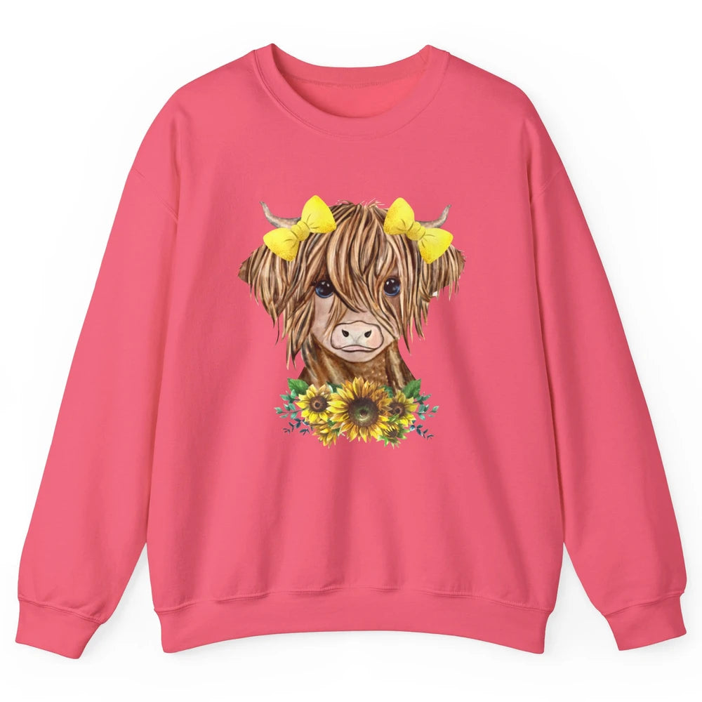 Baby Highland Cow Sunflower Western Country Heifer Cattles Unisex Crewneck Sweatshirt