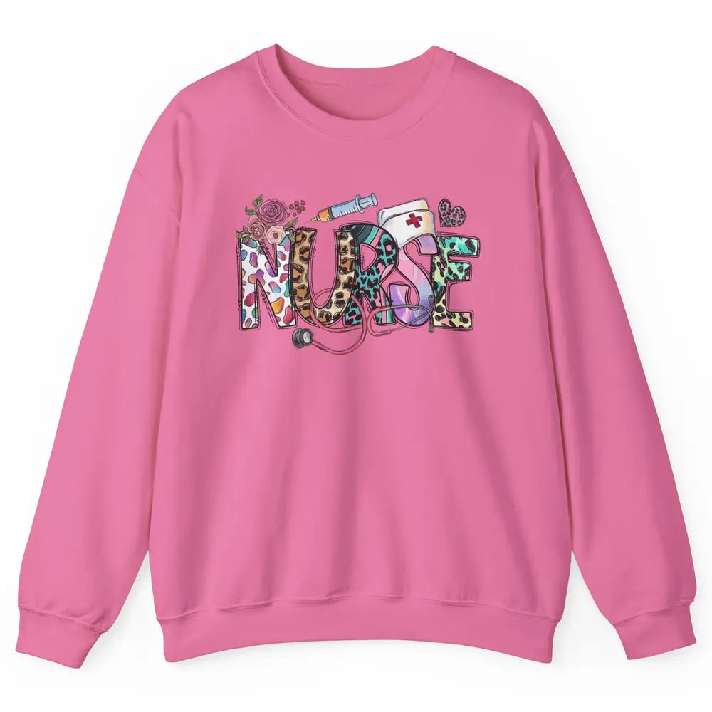 Nurse Life Nursing Registered Therapist Leopard Flower Boho Unisex Crewneck Sweatshirt