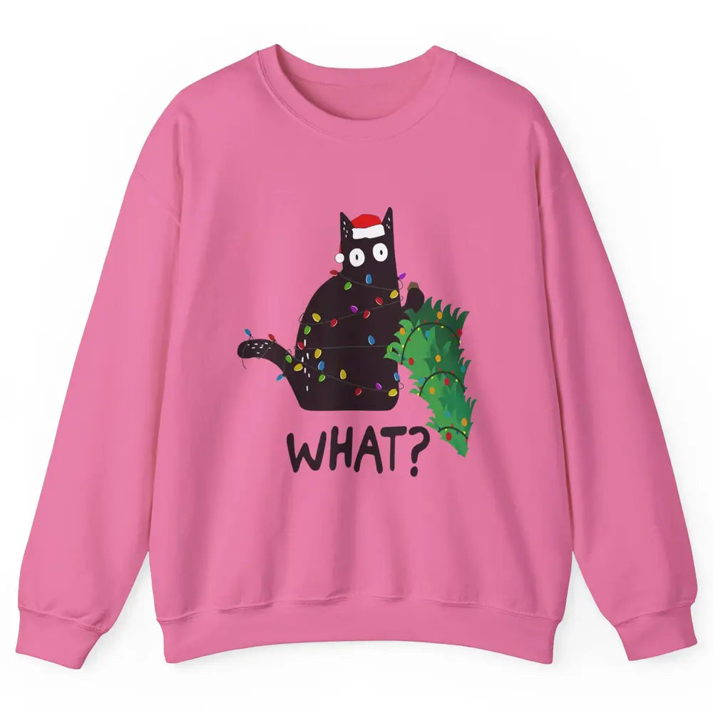 Black Cat Pushing Christmas Tree What Xmas Lights Santa Hat Unisex Crewneck Sweatshirt
