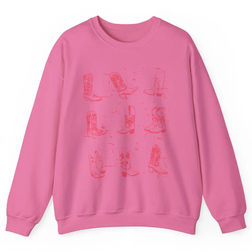 Retro Pink Cowboy Boots Western Valentine Cowgirl Gift Unisex Crewneck Sweatshirt
