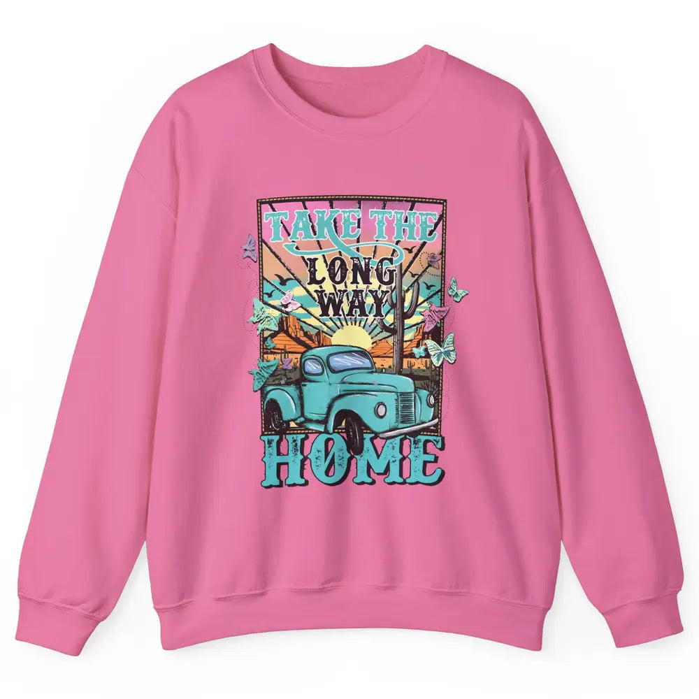 Retro Mountain Sunset Take The Long Way Home Western Country Unisex Crewneck Sweatshirt