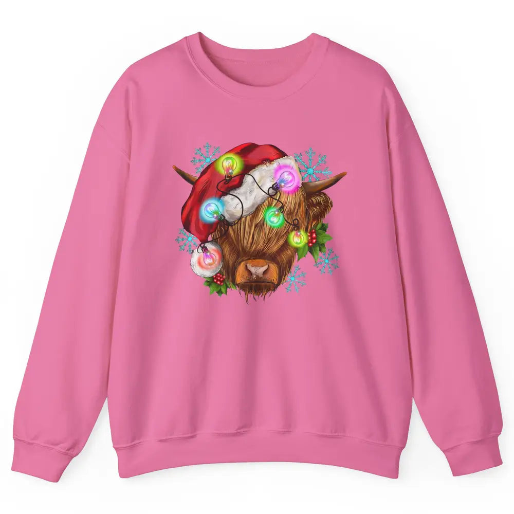 Christmas Highland Cow Xmas Light Western Christmas Cow Unisex Crewneck Sweatshirt
