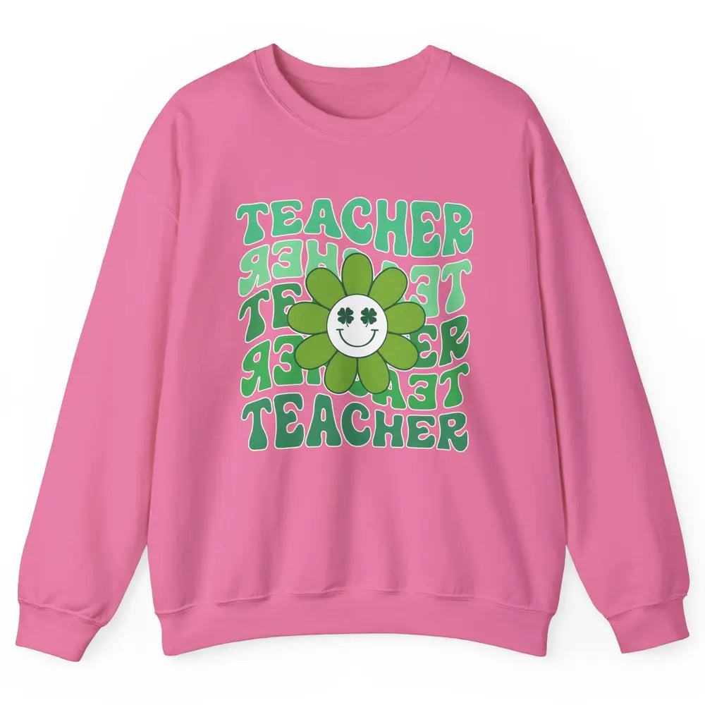 Retro Groovy Wavy Teacher Smiling Face Daisy St Patricks Day Unisex Crewneck Sweatshirt