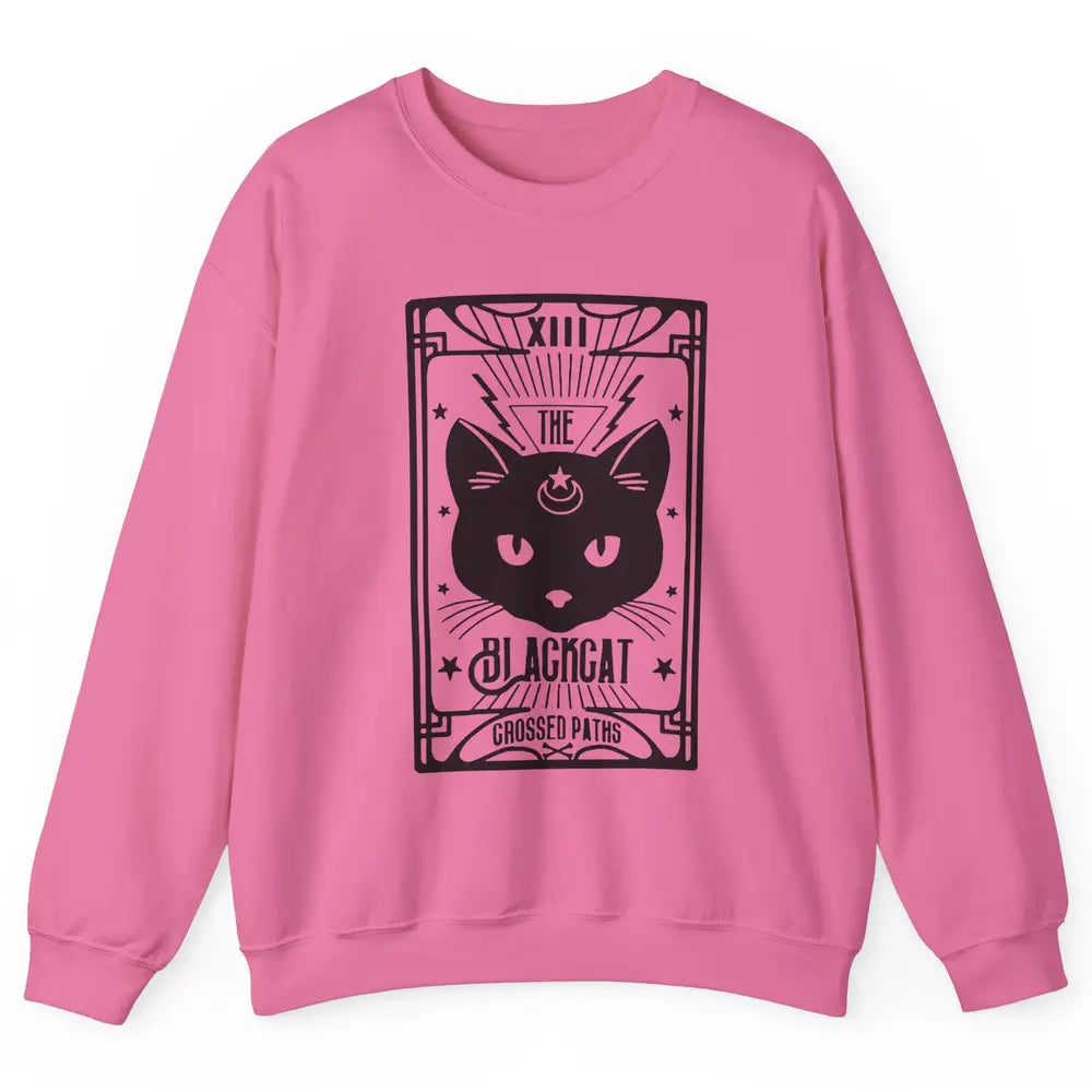 Retro Halloween Black Cat Crossed Path Tarot Card Witchcraft Unisex Crewneck Sweatshirt
