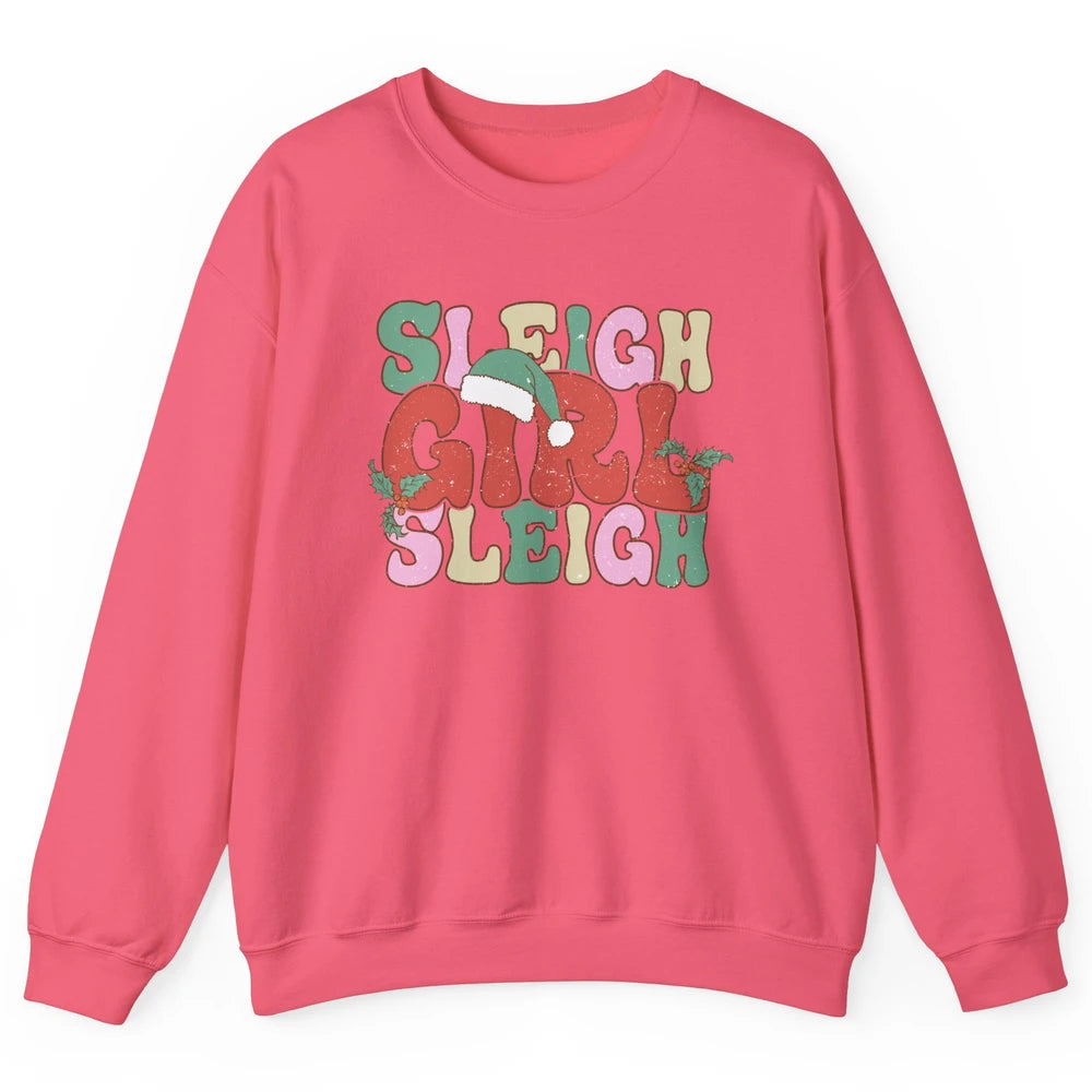 Retro Groovy Christmas Sleigh Girl Sleigh Santa Hat Winter Unisex Crewneck Sweatshirt