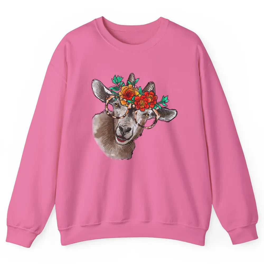 Retro Goat Glasses Flower Goat Girl Goat Lovers Gift Unisex Crewneck Sweatshirt